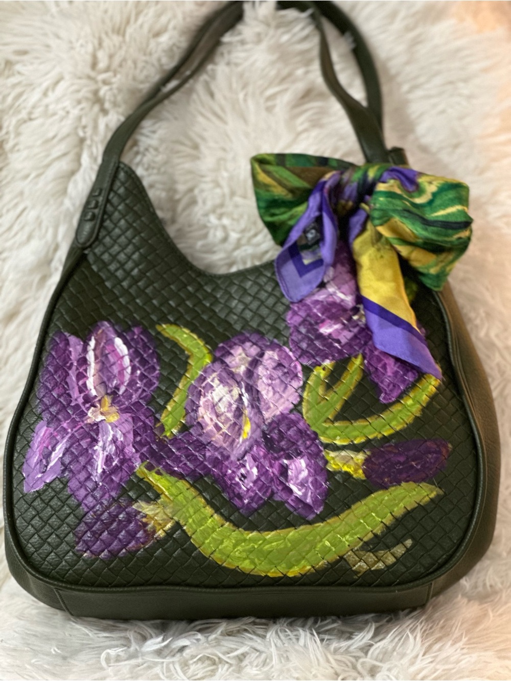 Women’s Olive Green Shoulder Bag with Purple Floral Accent hand painted irises